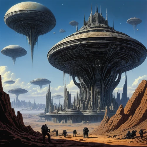 futuristic landscape,alien planet,sci fiction illustration,alien world,futuristic architecture,sci fi,scifi,sci-fi,sci - fi,colony,science fiction,science-fiction,ancient city,post-apocalyptic landscape,compans-cafarelli,concept art,airships,stargate,human settlement,fantasy landscape,Conceptual Art,Sci-Fi,Sci-Fi 21