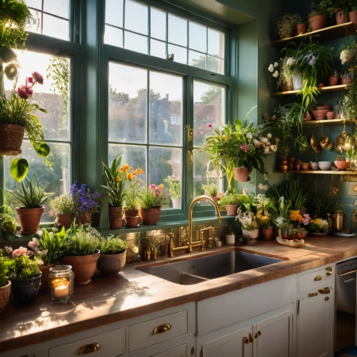 victorian kitchen,tile kitchen,vintage kitchen,kitchen interior,kitchen garden,kitchen,flower shop,the kitchen,house plants,kitchen design,culinary herbs,potted plants,windowsill,dandelion hall,wooden windows,greenhouse,kitchen cabinet,kitchen shop,laundry room,apothecary,Photography,General,Cinematic