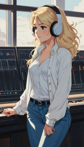 headphone,pianist,music producer,listening to music,streaming,headphones,composer,girl at the computer,music studio,disc jockey,music background,sound engineer,piano,music,music workstation,audio engineer,music player,headset,mixing engineer,music store,Illustration,Japanese style,Japanese Style 06