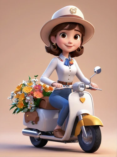 flower delivery,flower cart,delivery service,flowers in wheel barrel,flower car,cute cartoon character,cartoon flowers,flower girl,toy's story,piaggio ciao,floral bike,beautiful girl with flowers,cute cartoon image,agnes,holding flowers,flower girl basket,courier driver,flower basket,girl in flowers,with a bouquet of flowers,Unique,3D,3D Character