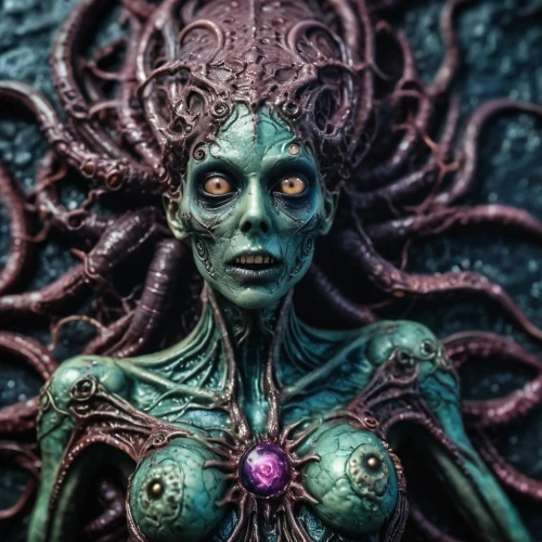 medusa,medusa gorgon,voodoo woman,gorgon,silver octopus,the enchantress,octopus,siren,evil woman,tentacles,cuthulu,woman sculpture,door knocker,calamari,scary woman,bronze figure,fantasy woman,green mermaid scale,allies sculpture,nebula guardian,Illustration,Realistic Fantasy,Realistic Fantasy 47