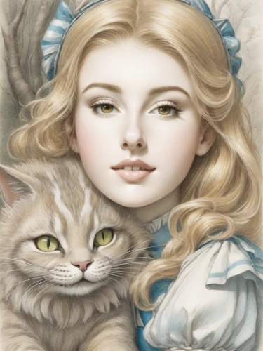 white cat,alice,fairy tale icons,fantasy portrait,fairy tale character,alice in wonderland,cat with blue eyes,eglantine,doll cat,two cats,siberian cat,children's fairy tale,birman,white lady,romantic portrait,fairytale characters,ragdoll,fantasy picture,vintage boy and girl,cat lovers