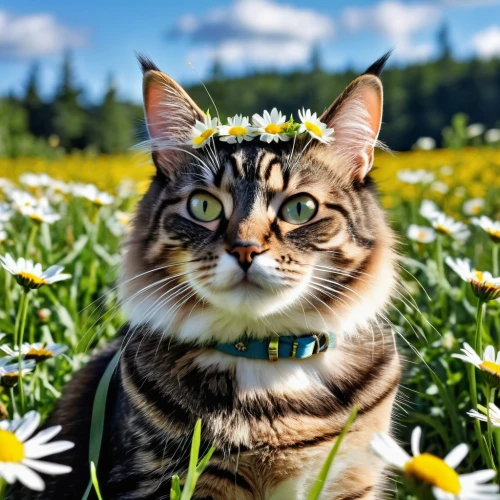 flower cat,flower animal,on a wild flower,flower background,blossom kitten,american curl,flower crown,bunny on flower,norwegian forest cat,beautiful girl with flowers,pet vitamins & supplements,cat image,american bobtail,meadow flowers,tabby cat,springtime background,meadow daisy,field of flowers,spring background,american shorthair,Photography,General,Realistic