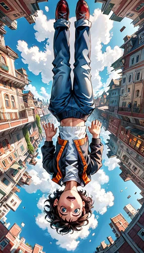 upside down,girl upside down,parallel worlds,parallel world,escher,panoramical,rotated,gravity,floating,looking up,sky apartment,weightless,macroperspective,skycraper,puddle,sistine chapel,optical illusion,float,above,aerial landscape,Anime,Anime,General