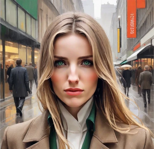 world digital painting,city ​​portrait,photoshop manipulation,blonde woman,woman walking,pedestrian,oil painting on canvas,the girl's face,digital painting,woman in menswear,photo painting,girl walking away,oil painting,photomanipulation,young woman,woman holding a smartphone,a pedestrian,woman portrait,girl portrait,woman face,Digital Art,Poster