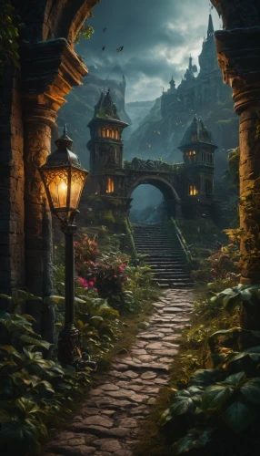 fantasy picture,fantasy landscape,hobbiton,the mystical path,pathway,3d fantasy,fairy tale,fantasy art,a fairy tale,fairy tale castle,meteora,fairytale,the path,fairy village,fantasy world,witch's house,the threshold of the house,medieval street,dragon bridge,hobbit,Photography,General,Fantasy