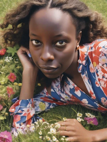 girl in flowers,floral,vogue,african daisies,girl lying on the grass,rwanda,flora,kenya,ebony,girl in the garden,on the grass,kenyan,beautiful african american women,african woman,african american woman,beautiful girl with flowers,flowerbed,senegal,colorful floral,girl in a wreath,Photography,Realistic