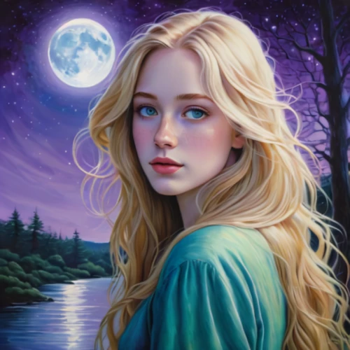 mystical portrait of a girl,fantasy portrait,fantasy picture,fantasy art,the blonde in the river,the night of kupala,blue moon rose,fairy tale character,oil painting on canvas,luna,celtic woman,romantic portrait,the enchantress,fae,elsa,jessamine,herfstanemoon,portrait of a girl,art painting,fantasy woman