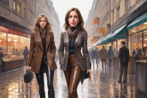 walking in the rain,oil painting on canvas,two girls,woman shopping,oil painting,pedestrian,overcoat,shopping street,pedestrians,brown leather shoes,world digital painting,women fashion,women clothes,black coat,fashion street,art painting,paris shops,shopping venture,young women,long coat,Digital Art,Comic