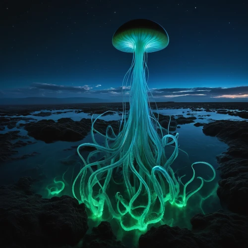 bioluminescence,mushroom landscape,cnidaria,mushroom cloud,jellyfish,alien invasion,alien world,mushroom island,cloud mushroom,lion's mane jellyfish,tree mushroom,ufo,alien planet,blue mushroom,sea jellies,auroraboralis,jellyfish collage,extraterrestrial life,box jellyfish,club mushroom,Conceptual Art,Fantasy,Fantasy 14