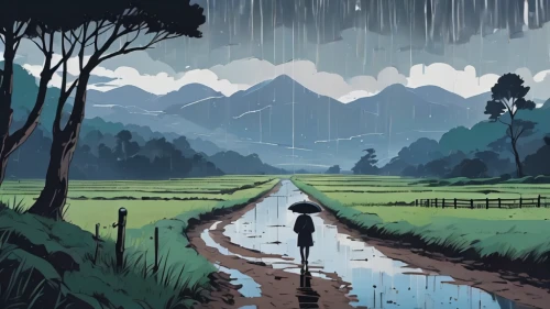 rain field,rainy season,walking in the rain,rainy,after rain,after the rain,rains,monsoon,rainy day,rainstorm,nz,salt meadow landscape,rain,rain clouds,puddles,rice fields,rainy weather,rural landscape,swampy landscape,landscape background,Illustration,Japanese style,Japanese Style 06