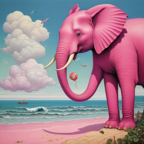 pink elephant,elephantine,pink beach,elephant,pachyderm,circus elephant,elephant's child,girl elephant,surrealism,whimsical animals,blue elephant,pink flamingo,elephant toy,cartoon elephants,coral pink sand dunes,anthropomorphized animals,elephants,elephant kid,elephants and mammoths,surrealistic,Illustration,Realistic Fantasy,Realistic Fantasy 05
