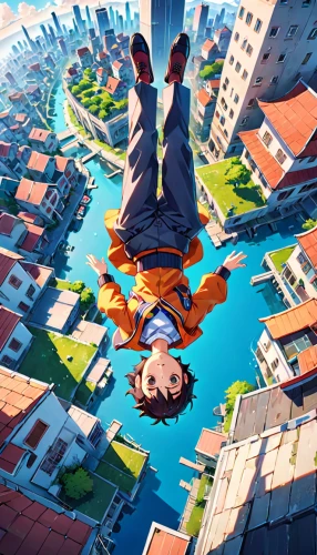 jump,skycraper,jumping off,falling,flying girl,flip (acrobatic),float,above the city,gravity,jump river,my hero academia,sky apartment,leap of faith,jumping into the pool,anime 3d,above,parkour,dive,isometric,dragonball,Anime,Anime,Realistic