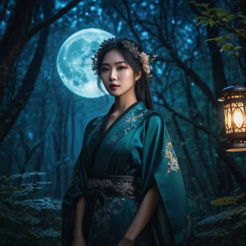 moonlit night,moonlit,moonflower,mystical portrait of a girl,lantern,oriental princess,moonrise,the night of kupala,moonlight,japanese woman,full moon,geisha,hanbok,blue moon rose,full moon day,fantasy picture,moon night,mid-autumn festival,korean culture,moon photography,Photography,General,Fantasy