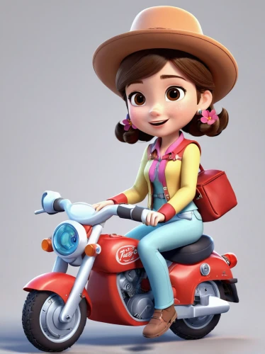 agnes,cute cartoon character,rockabella,motorbike,scooter riding,girl with a wheel,scooter,motor scooter,countrygirl,toy motorcycle,cowgirl,tricycle,riding toy,e-scooter,toy's story,vector girl,motorcycle,cute cartoon image,motorella,biker,Unique,3D,3D Character