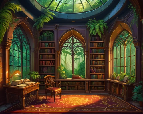 apothecary,reading room,dandelion hall,study room,scholar,terrarium,bookworm,bookshelves,witch's house,fantasy picture,fantasy landscape,conservatory,backgrounds,ornate room,game illustration,library,magic book,sci fiction illustration,old library,book store,Illustration,Realistic Fantasy,Realistic Fantasy 45