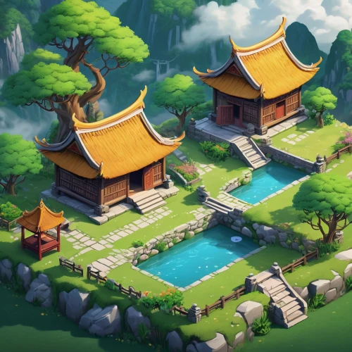 collected game assets,game illustration,development concept,chinese background,landscape background,background with stones,ancient city,roof landscape,japanese zen garden,resort town,farm set,zen garden,chinese temple,backgrounds,ancient buildings,hot spring,mobile game,campsite,house roofs,home landscape,Unique,3D,Isometric