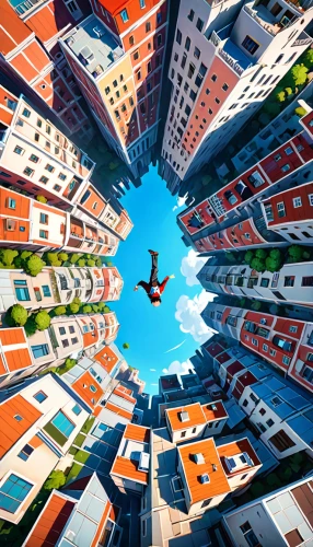 vertigo,macroperspective,aerial view umbrella,panoramical,escher,aerial landscape,skycraper,world digital painting,kaleidoscope,sky apartment,isometric,lensball,escher village,little planet,colorful city,shoefiti,360 °,kaleidoscopic,upside down,kaleidoscope art,Anime,Anime,General