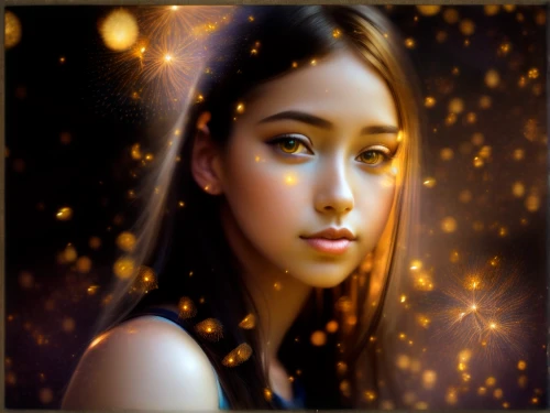 mystical portrait of a girl,portrait background,fantasy portrait,edit icon,romantic portrait,world digital painting,gold filigree,digital art,bokeh effect,golden rain,oriental girl,gingko,girl portrait,textured background,gold leaf,visual effect lighting,luminous,mary-gold,glittering,fantasy picture