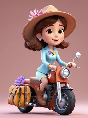 agnes,cute cartoon character,girl with a wheel,cute cartoon image,toy's story,countrygirl,flower delivery,delivery service,tricycle,playmobil,woman bicycle,flower car,kids illustration,flowers in wheel barrel,scooter riding,scooter,flowers in basket,vector girl,flower cart,toy motorcycle,Unique,3D,3D Character