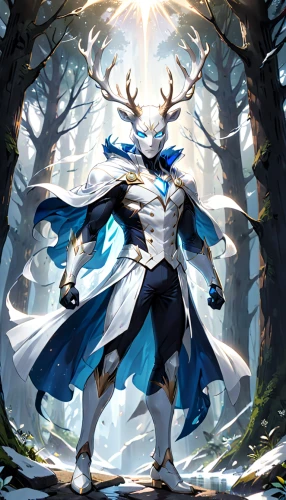 glowing antlers,summoner,heroic fantasy,eternal snow,father frost,stag,forest man,magus,male elf,the snow queen,cleanup,wild emperor,holy forest,druid,norse,deer illustration,light bearer,sunroot,cg artwork,manchurian stag,Anime,Anime,General