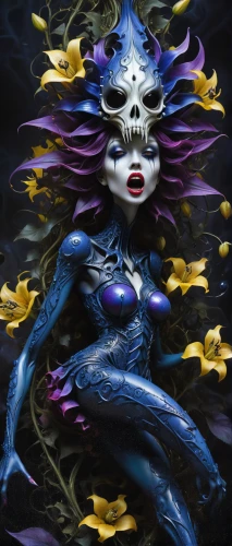 blue enchantress,bodypainting,masquerade,la calavera catrina,voodoo woman,mystique,body painting,fantasy art,deadly nightshade,the enchantress,siren,shamanic,la catrina,bodypaint,dark art,neon body painting,merfolk,queen of the night,the sea maid,the zodiac sign pisces