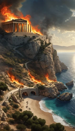 temple of poseidon,hellas,athenian,kings landing,thracian cliffs,greek island,athens,greece,acropolis,hellenic,parthenon,greek mythology,vesuvius,greek islands,the parthenon,world digital painting,pillar of fire,athene brama,aegean,cala pi,Conceptual Art,Fantasy,Fantasy 11