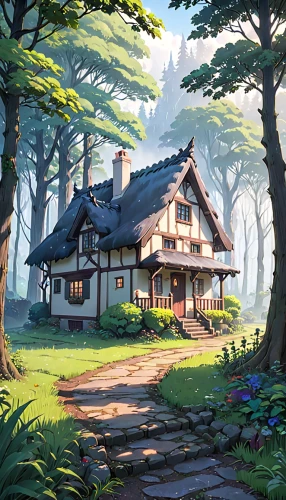 house in the forest,summer cottage,cottage,little house,lonely house,wooden house,witch's house,small house,home landscape,country cottage,studio ghibli,house in the mountains,house in mountains,ancient house,old home,traditional house,log home,beautiful home,wooden houses,log cabin,Anime,Anime,Traditional