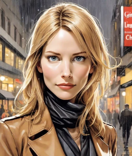 blonde woman,sarah walker,blond girl,katniss,blonde girl,city ​​portrait,cool blonde,sci fiction illustration,the blonde in the river,femme fatale,female doctor,the girl at the station,young woman,agent,woman face,the girl's face,head woman,world digital painting,walking in the rain,romantic portrait,Digital Art,Comic