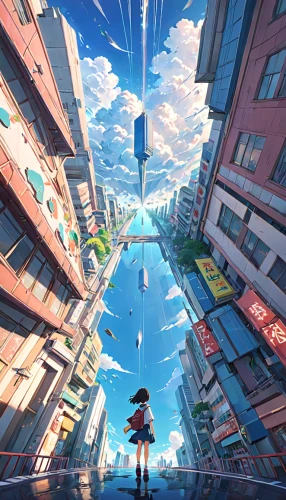 skycraper,sky city,panoramical,above the city,sky apartment,parallel world,skyscraper,cityscape,parallel worlds,sky,tokyo city,virtual world,heavy object,cubic,dream world,expanse,skyscape,other world,flying girl,fantasy city,Anime,Anime,Realistic