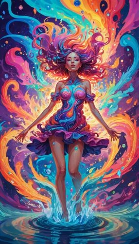 psychedelic art,colorful water,firedancer,aquarius,fire dancer,dancing flames,coral swirl,splashing,water splash,fire dance,colorful spiral,fire and water,acid lake,dancer,neon body painting,merfolk,whirlpool,swirling,siren,hula,Conceptual Art,Oil color,Oil Color 23