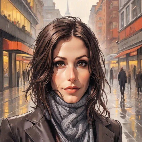 city ​​portrait,romantic portrait,world digital painting,young woman,girl portrait,the girl at the station,woman at cafe,pedestrian,a pedestrian,oil painting on canvas,woman walking,oil painting,walking in the rain,girl walking away,woman portrait,portrait of a girl,artist portrait,woman thinking,the girl's face,art painting,Digital Art,Comic