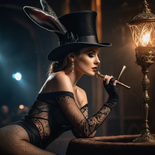 neo-burlesque,burlesque,cabaret,cigarette girl,the hat-female,black hat,bowler hat,bunny,the hat of the woman,coquette,victorian lady,top hat,the victorian era,agent provocateur,victoria smoking,absinthe,masquerade,victorian style,smoking girl,femme fatale,Photography,General,Fantasy