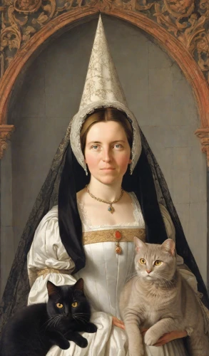 gothic portrait,woman holding pie,cat portrait,cat image,cat sparrow,cat european,napoleon cat,two cats,the hat of the woman,portrait of a woman,american gothic,cat family,portrait of christi,portrait of a girl,cat,romantic portrait,cat mom,head ornament,witches' hats,elizabeth nesbit,Digital Art,Classicism