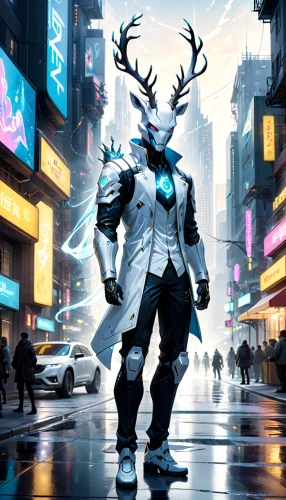 manchurian stag,the stag beetle,glowing antlers,oryx,reindeer polar,stag beetle,cyberpunk,sci fiction illustration,pedestrian,time square,walking man,concept art,wild emperor,arctic,streampunk,father frost,game art,3d man,stag,suit of the snow maiden,Anime,Anime,Cartoon