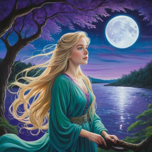 fantasy picture,celtic woman,elsa,fantasy portrait,blue moon rose,fantasy art,fantasy woman,rapunzel,celtic queen,luna,mystical portrait of a girl,moonbeam,herfstanemoon,the snow queen,blue moon,elven,oil painting on canvas,the blonde in the river,fairy tale character,heroic fantasy,Illustration,Realistic Fantasy,Realistic Fantasy 16