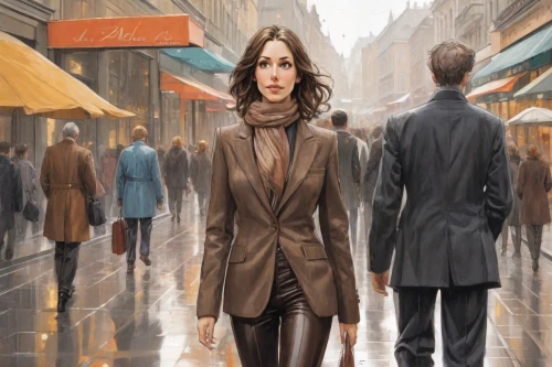 woman walking,girl walking away,woman shopping,the girl at the station,pedestrian,a pedestrian,woman at cafe,woman in menswear,oil painting on canvas,oil painting,overcoat,woman thinking,world digital painting,walking in the rain,girl in a long,city ​​portrait,bussiness woman,white-collar worker,businesswoman,art painting,Digital Art,Comic