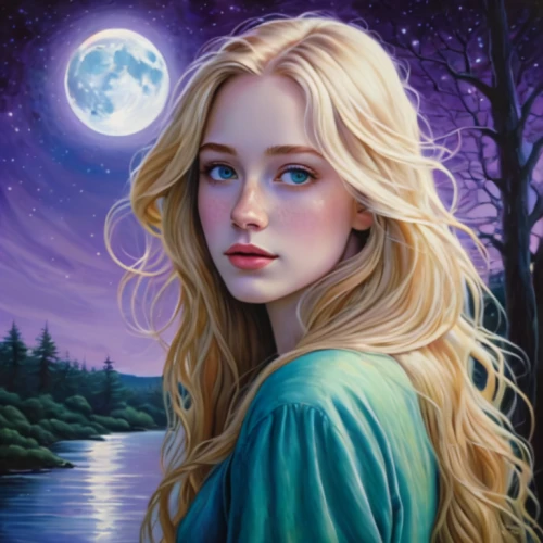 mystical portrait of a girl,fantasy portrait,blue moon rose,fantasy picture,fantasy art,the blonde in the river,the night of kupala,luna,oil painting on canvas,fairy tale character,romantic portrait,elsa,herfstanemoon,portrait of a girl,art painting,oil painting,moonlit night,young woman,jessamine,moonbeam