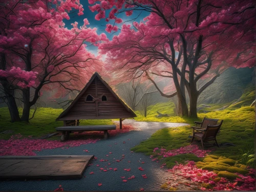 fairy house,japanese sakura background,springtime background,fantasy landscape,home landscape,fairy forest,3d background,fairy village,fantasy picture,landscape background,spring background,fairy door,sakura background,pink grass,fairy world,house in the forest,cartoon video game background,wishing well,fairytale forest,wooden path,Photography,General,Fantasy