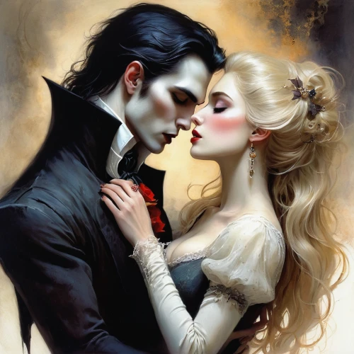 gothic portrait,romantic portrait,amorous,vampires,romance novel,vampire lady,vampire woman,waltz,vampire,dance of death,young couple,gothic,love in the mist,beautiful couple,dracula,prince and princess,ballroom dance,gothic fashion,fairytale characters,fairy tale,Illustration,Realistic Fantasy,Realistic Fantasy 16