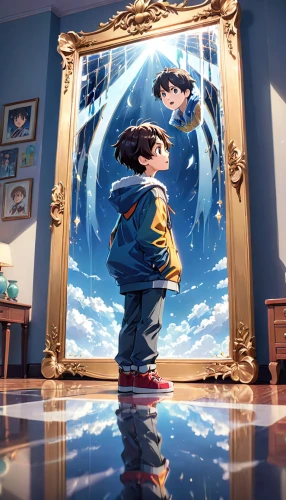 studio ghibli,detective conan,blue room,wonder,frame illustration,looking glass,blue rain,reflection,the mirror,cg artwork,kids illustration,child's frame,magic mirror,mirror frame,reflected,boy's room picture,euphonium,mirror reflection,room creator,mirror house,Anime,Anime,Realistic