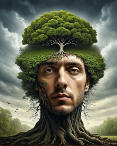 tree crown,tree man,tree thoughtless,rooted,forest man,nature and man,dryad,tree mushroom,el salvador dali,surrealism,mother earth,green tree,thinking man,bodhi tree,arborist,third eye,shaman,shamanism,mother nature,bonsai,Illustration,Abstract Fantasy,Abstract Fantasy 01