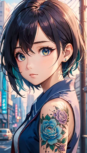 hinata,gentiana,japanese floral background,ganai,kimono,tattoo girl,jin deui,portrait background,lilikoi,japanese sakura background,sanya,ren,fuki,lotus tattoo,mukimono,blue petals,hong,sakura background,piko,osaka,Anime,Anime,Realistic