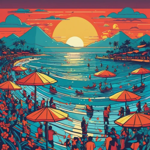 travel poster,kohphangan,summer beach umbrellas,acapulco,sunset beach,people on beach,copacabana,swimming people,umbrella beach,uluwatu,beach goers,santa monica pier,rio,seaside resort,santa monica,seminyak,beach bar,tofino,bali,lagoon,Illustration,Vector,Vector 06