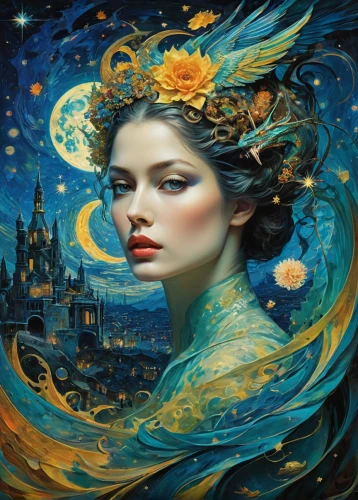 fantasy art,mystical portrait of a girl,fantasy portrait,blue enchantress,blue moon rose,fantasy picture,the sea maid,faerie,faery,the enchantress,the carnival of venice,queen of the night,fairy queen,sorceress,fantasy woman,sea fantasy,fantasia,the zodiac sign pisces,moonflower,the wind from the sea,Conceptual Art,Fantasy,Fantasy 05
