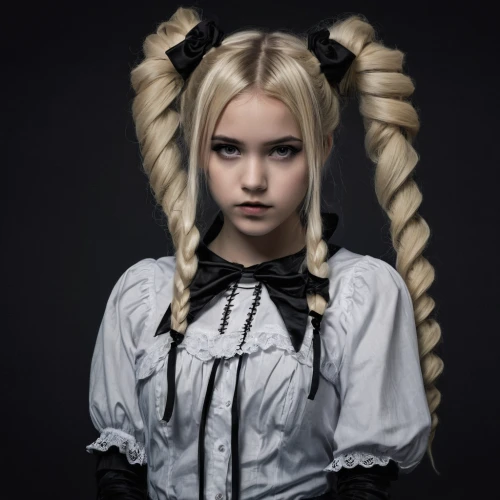 gothic portrait,female doll,gothic fashion,rag doll,gothic style,pigtail,japanese doll,marionette,alice,killer doll,gothic,the japanese doll,goth subculture,girl doll,anime girl,cosplay image,mystical portrait of a girl,doll,doll's facial features,blond girl,Conceptual Art,Fantasy,Fantasy 34