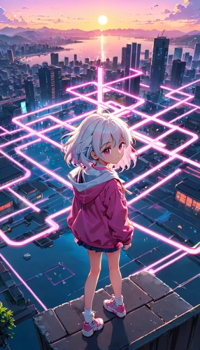 llenn,above the city,pink squares,cyberpunk,rooftops,rooftop,electronic,virtual world,connected,connect,on the roof,virtual,cyberspace,pink dawn,panoramical,dimension,japanese sakura background,city lights,luminous,cyber,Anime,Anime,Realistic