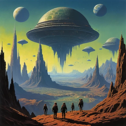 alien planet,alien world,futuristic landscape,extraterrestrial life,travelers,sci fiction illustration,science fiction,ufos,planet alien sky,gas planet,ufo,sci fi,science-fiction,compans-cafarelli,sci - fi,sci-fi,scifi,colony,planet eart,alien invasion,Conceptual Art,Sci-Fi,Sci-Fi 16