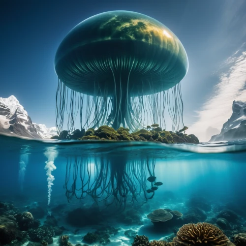 underwater landscape,jellyfish,lion's mane jellyfish,sea jellies,mushroom island,cnidaria,mushroom landscape,jellyfish collage,deep sea nautilus,jellyfishes,ocean underwater,floating island,undersea,submersible,underwater world,underwater background,alien world,nautilus,waterglobe,box jellyfish,Photography,Artistic Photography,Artistic Photography 01