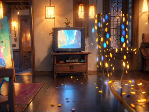 game room,dandelion hall,3d render,visual effect lighting,plasma tv,playing room,japanese-style room,chinese screen,livingroom,3d rendered,3d fantasy,living room,screens,fireplace,home theater system,entertainment center,the little girl's room,home cinema,the room,modern room,Anime,Anime,Cartoon